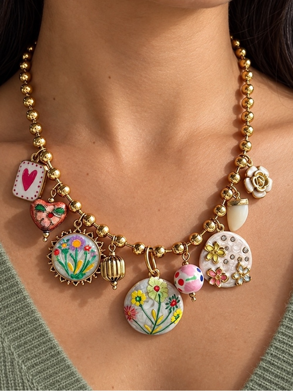 Floral Garden Beaded Charm Necklace with Charms